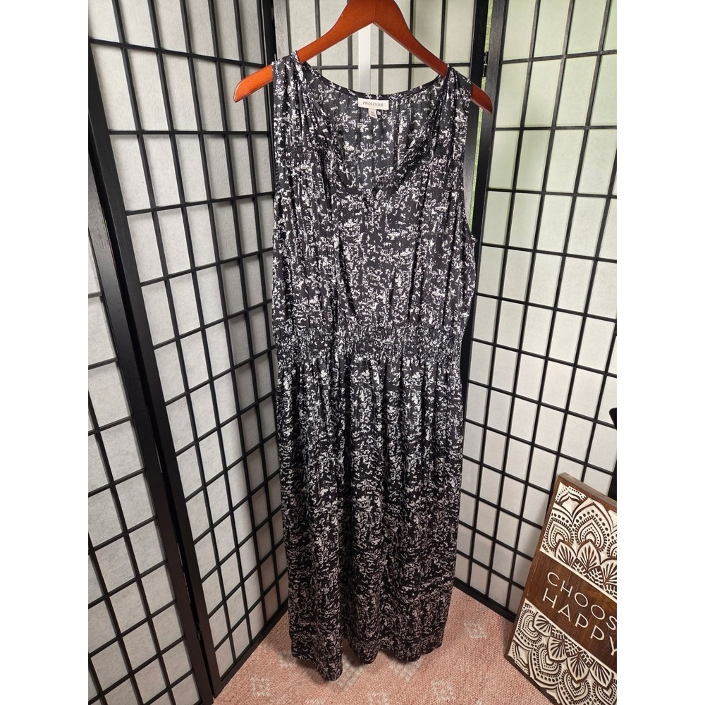 Prologue Womens XXL Black White Abstract Print Smocked Waist Maxi Dress